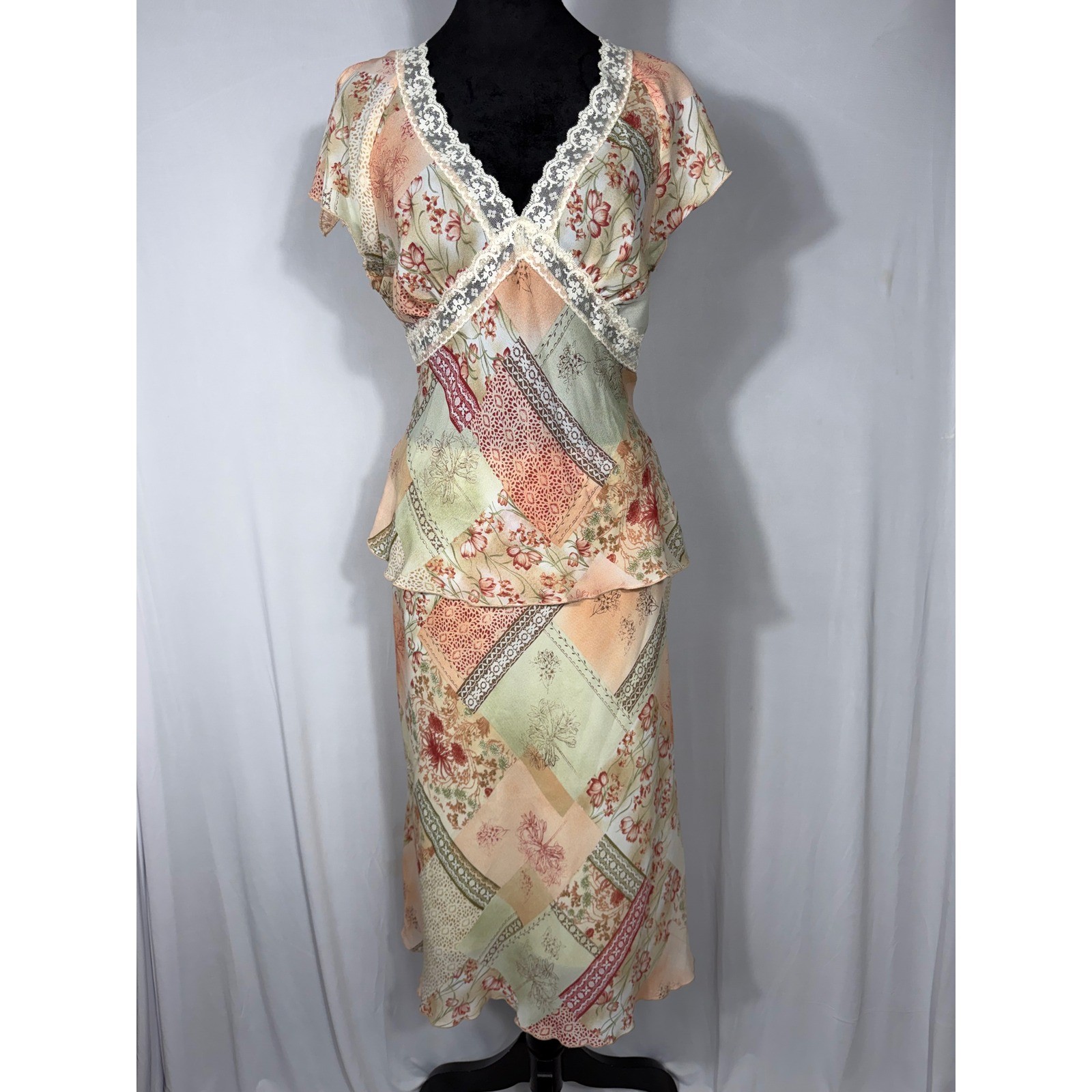 Vtg Y2K La Belle Floral Patchwork 2 Pc Set S/M Peplum Top Midi Skirt Pink Lace