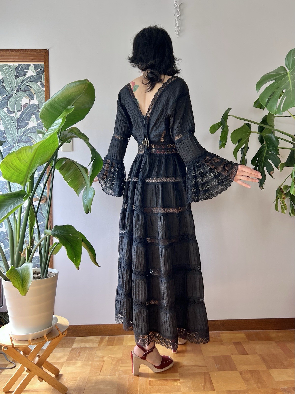 VTG 60s Mexican Wedding Dress Black Lace Pintuck Bell Sleeve Maxi S/M Boho Hippy