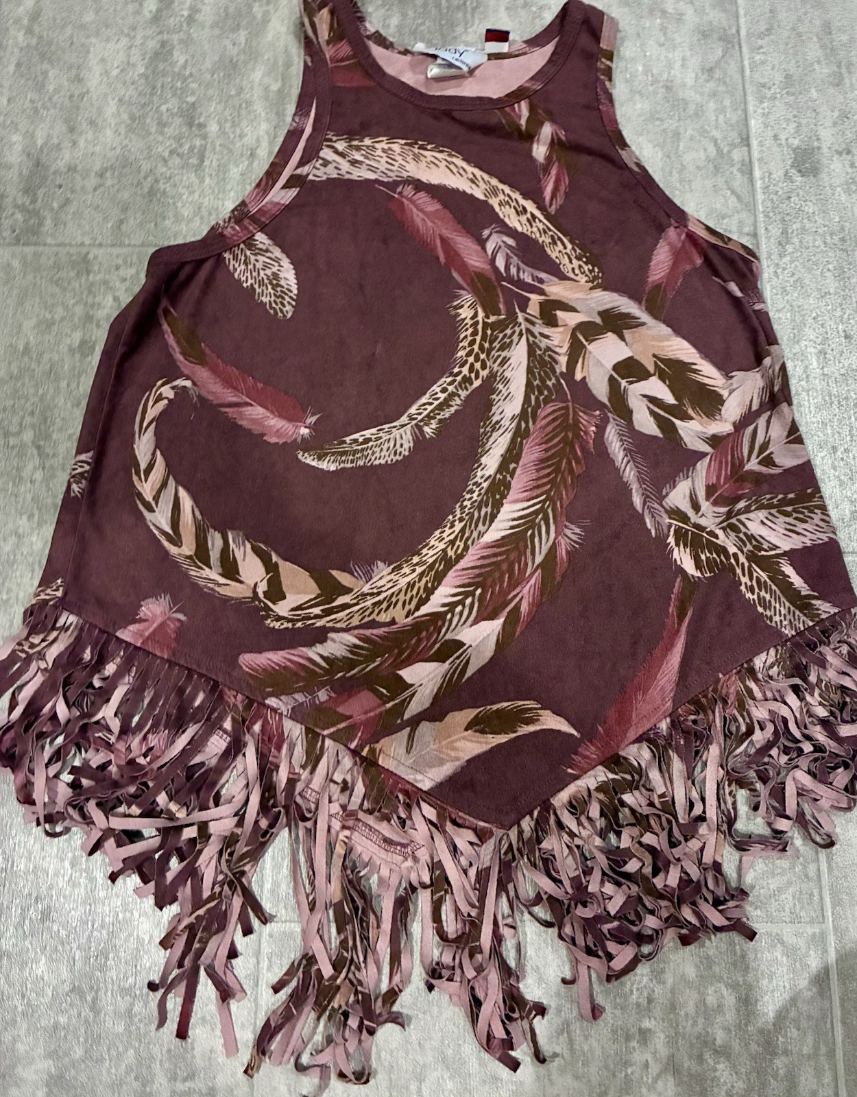 Jody California Fringe Feather Swirls Y2K Boho Faux Suede tank Top Small spring