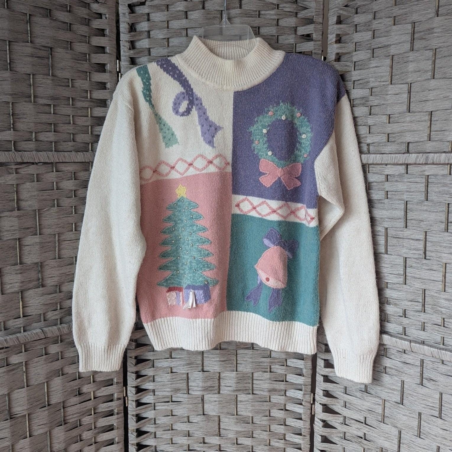 Vtg Pastel Colorblock Christmas Sweater Mock Neck Beaded Tree Wreath Festive Lg