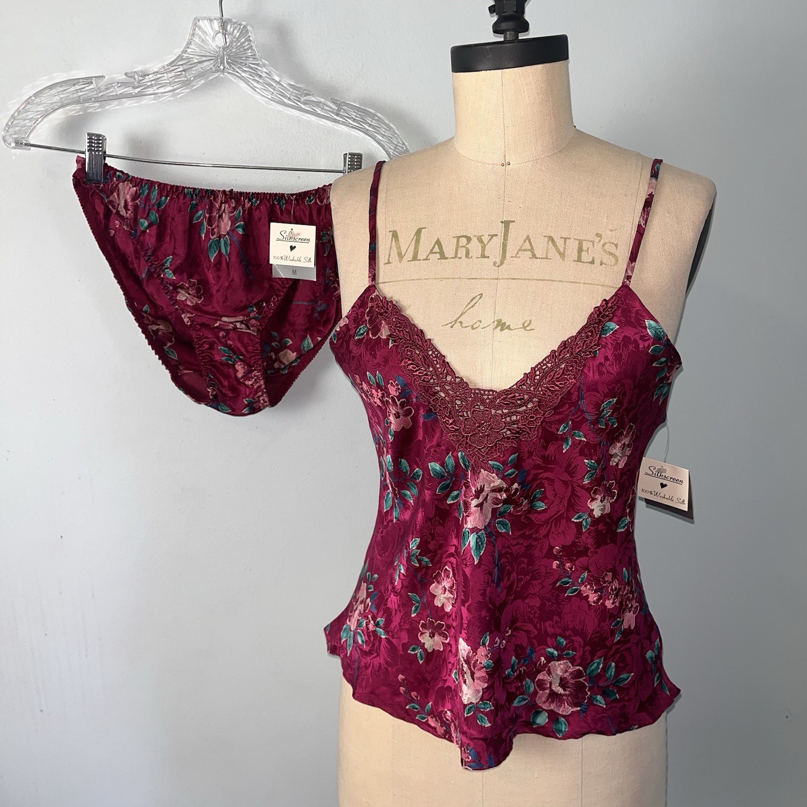 NWT VTG SILKSCREEN BIKINI PANTIES CAMI PJS SET FLORAL VINE MEDIUM 6 100% SILK