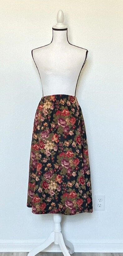 1980s Hand Sewn Floral Midi Skirt, Vtg Skirt with Elastic Waistband
