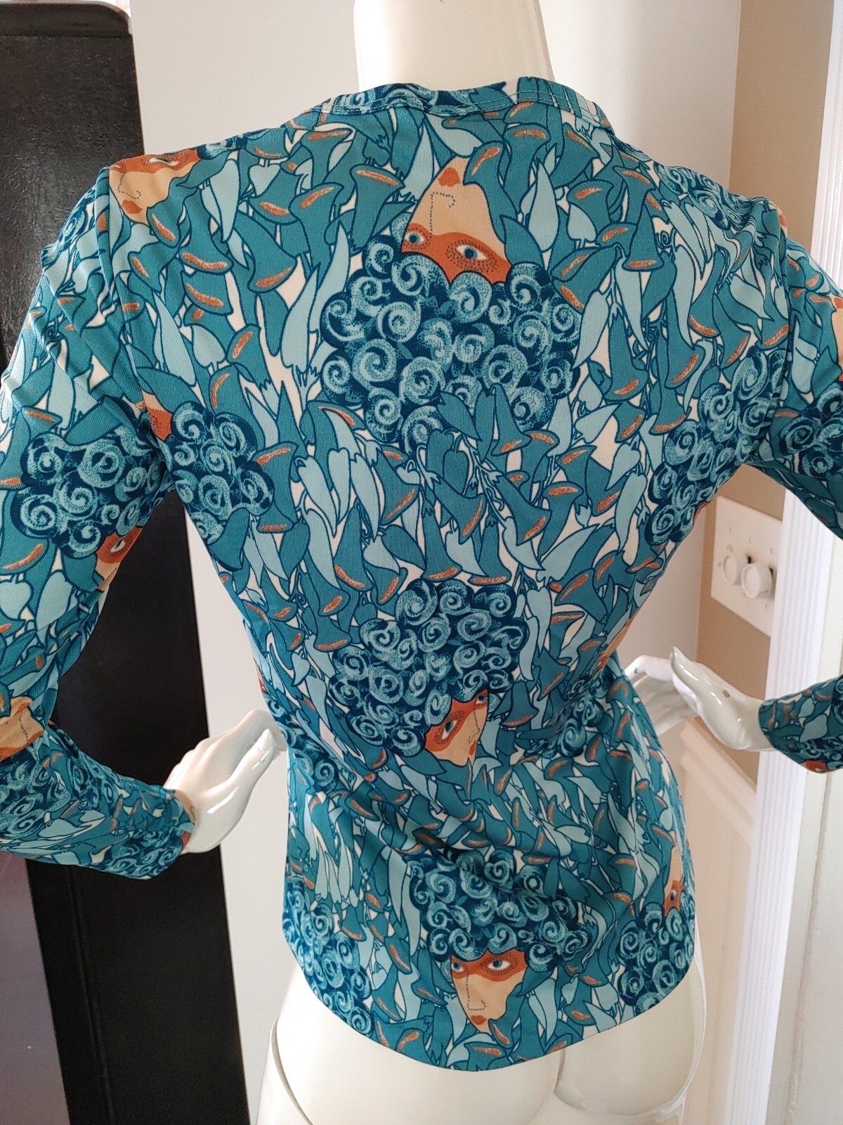 1960’s Hathaway Patch Women’s Knit Top Size 11-12 Vintage Print Turquoise Blue
