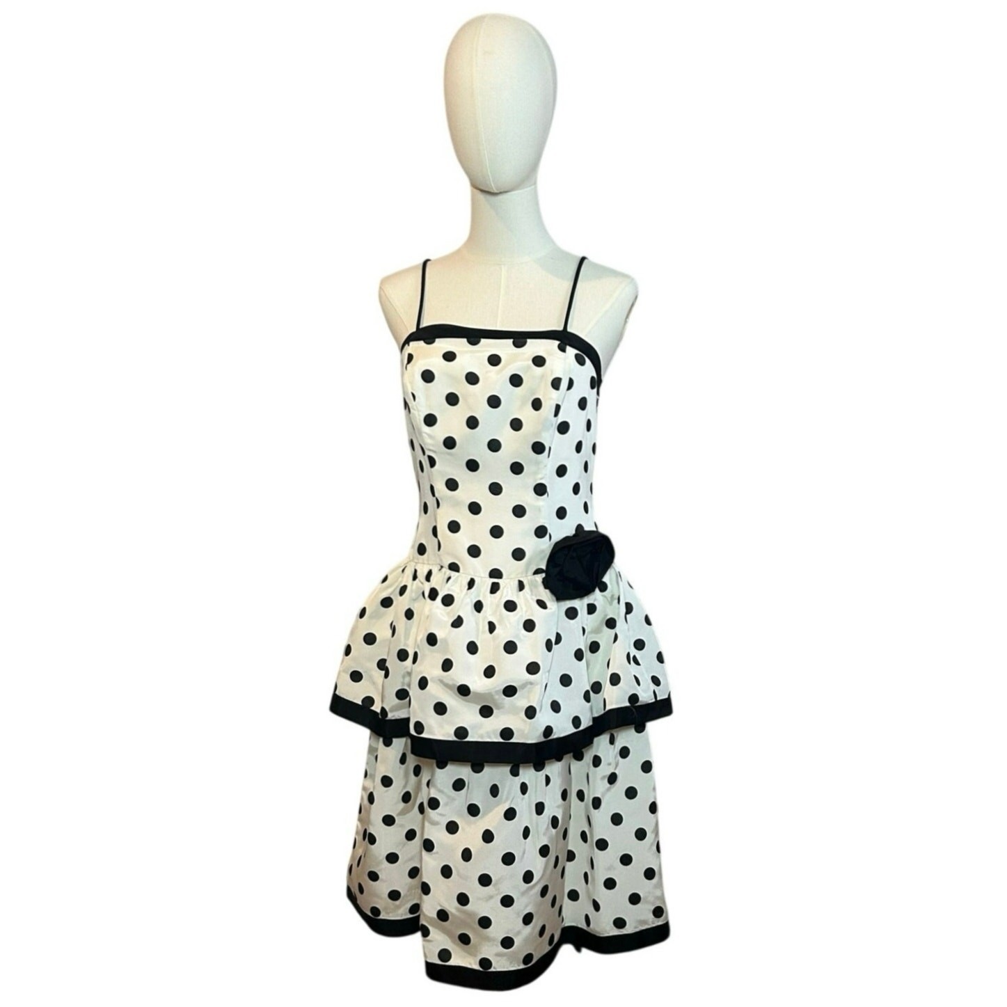 VTG 80s Stop Staring! Polka Dot B&W Medium Tiered Drop Waist Dress Rockabilly
