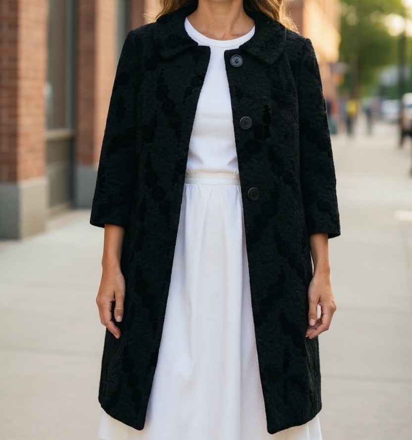 Vintage An Authentic Sandra Sage Creation Textured Coat Black 50s 3/4 Sleeve S/M
