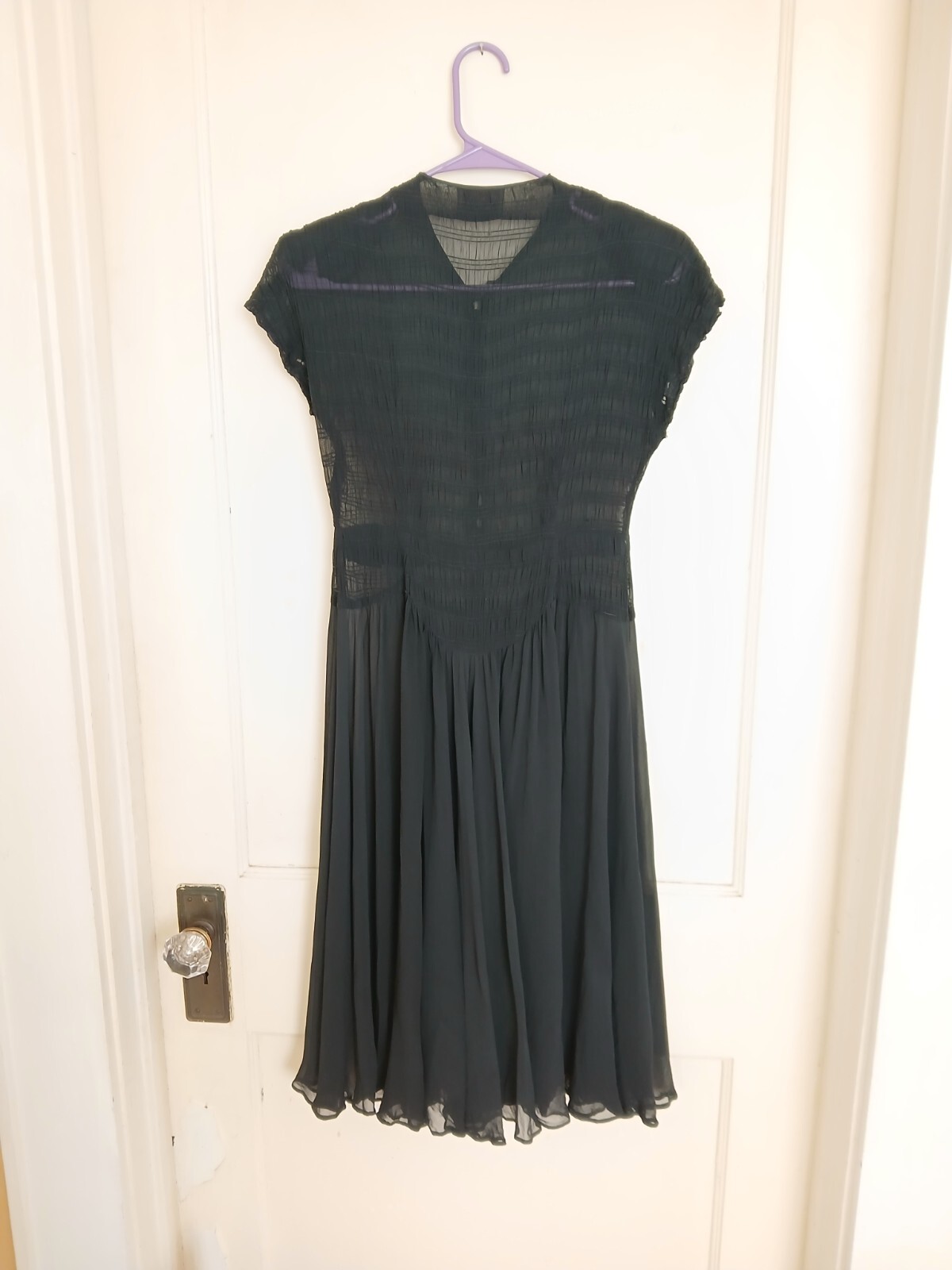 1940 XS Smocked Sheer Dress Black Rhinestone Buttons Princess Waist Shoulder Pad