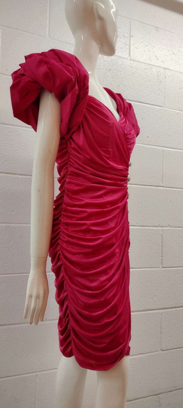80s Couture Dress Pink Fuchsia Balloon Sleeve Rhinestone Buttons SAMIR 80s M
