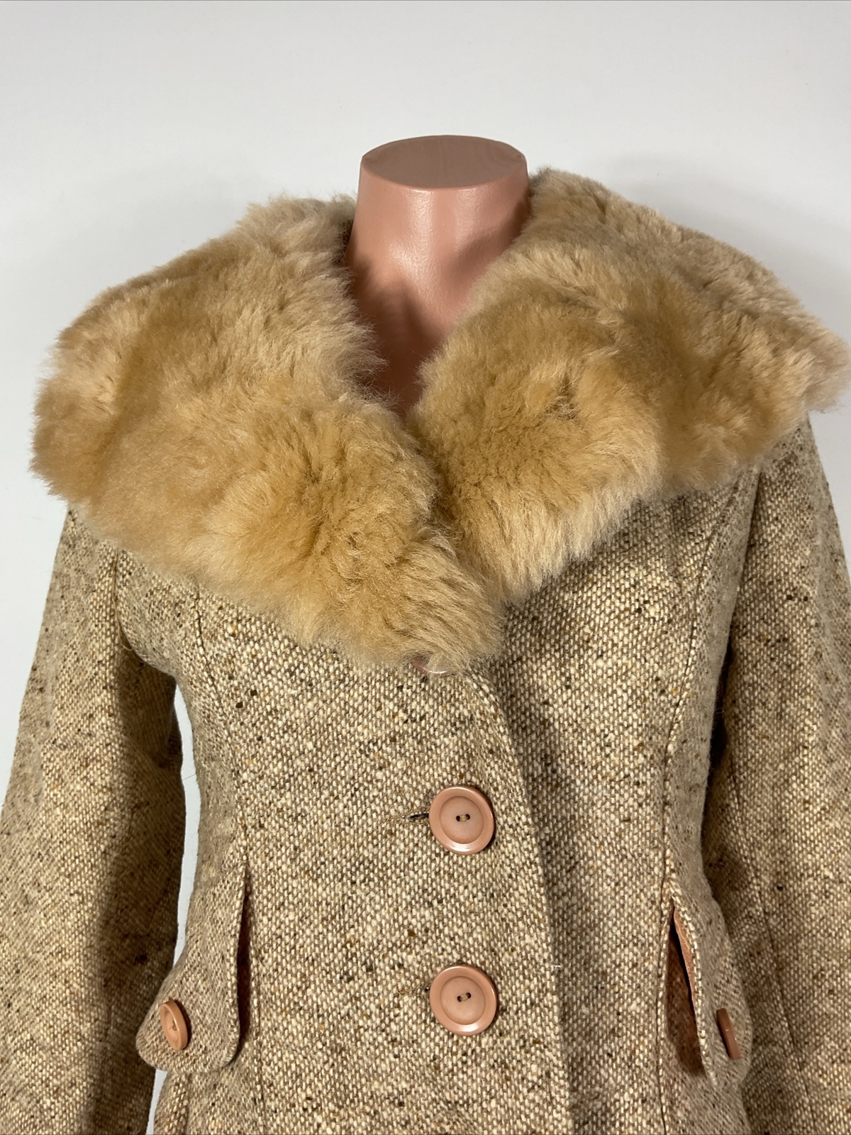 70s VTG Tweed Trench Pea Coat Shearling Lamb Collar Jacket S/M UNION NWT NEW