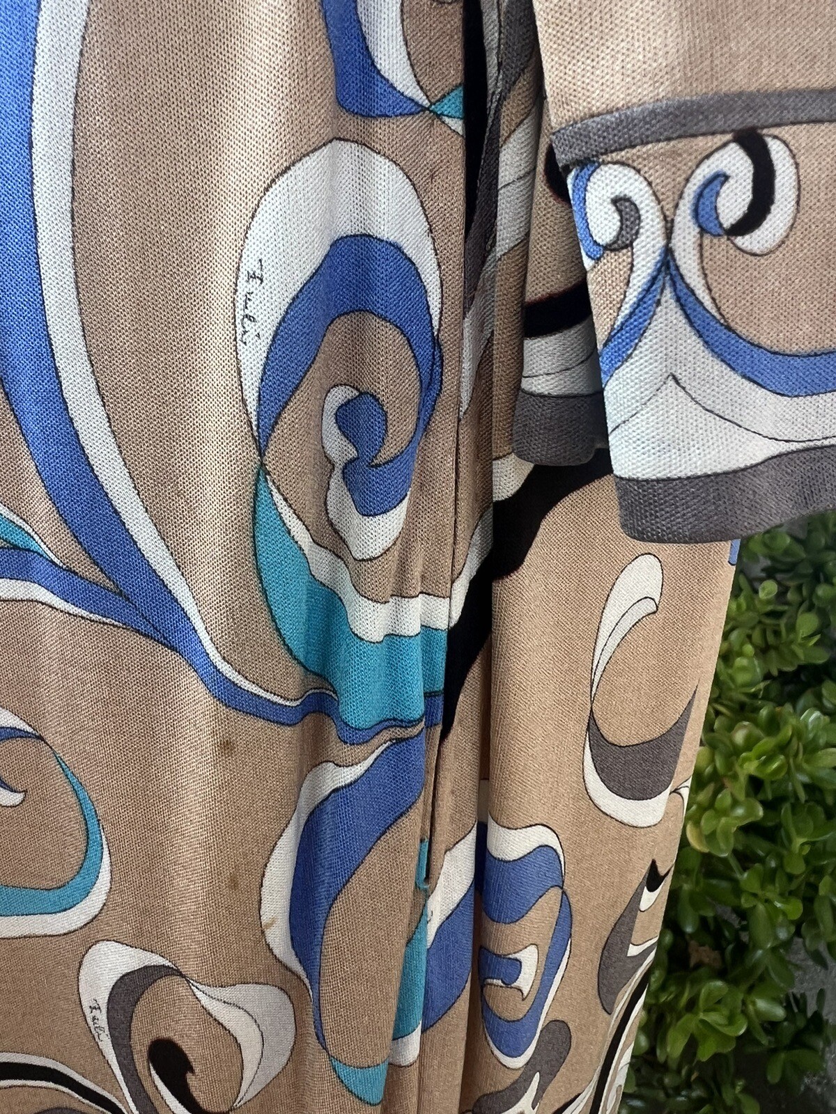 Vintage Modern 70s Emilio Pucci Maxi Dress Beige Blue Silk Polyester Sz small