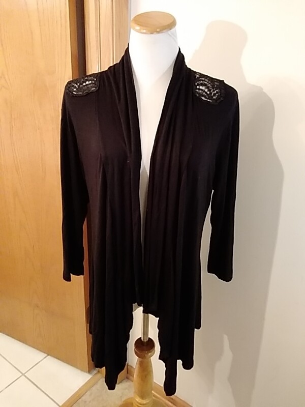 Vtg Gemstone brand black sweater open front crocheted on back 1XL rayon spandex