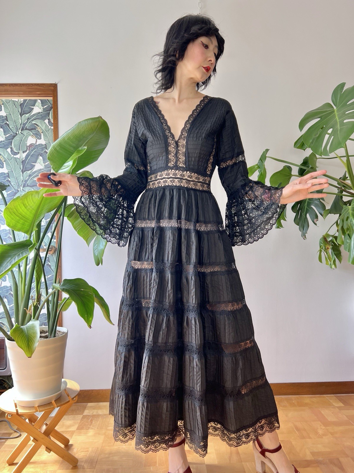 VTG 60s Mexican Wedding Dress Black Lace Pintuck Bell Sleeve Maxi S/M Boho Hippy