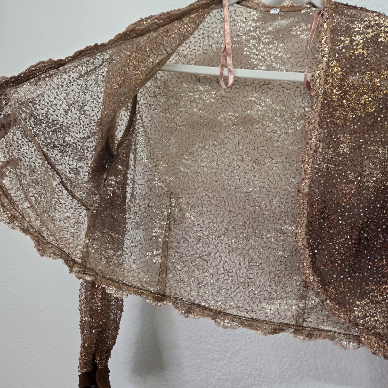 Vtg Beaded Sequin Crop Cardigan Sheer Bolero Shrug Ruffle Evening Jacket 10
