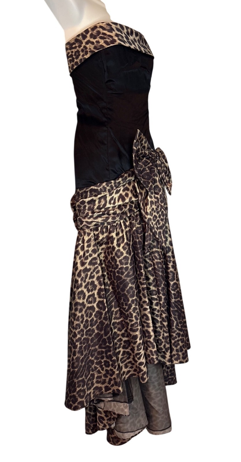 Vintage 80s San Martin Evening Gown: Strapless Black Satin Leopard Taffeta Dress