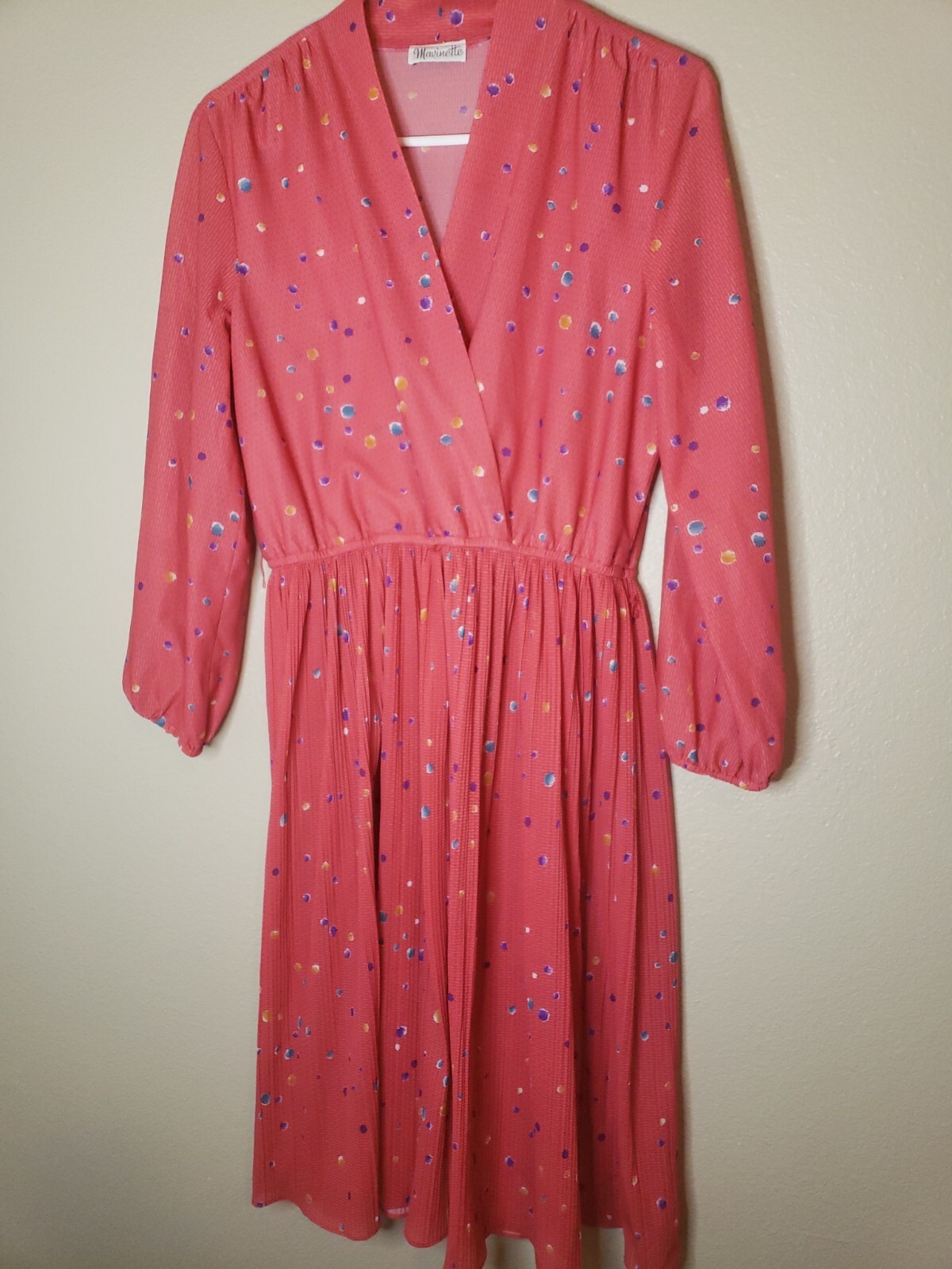 Vintage Mavinette Women’s Coral Dotted Long Sleeve Pleated Faux Wrap Dress