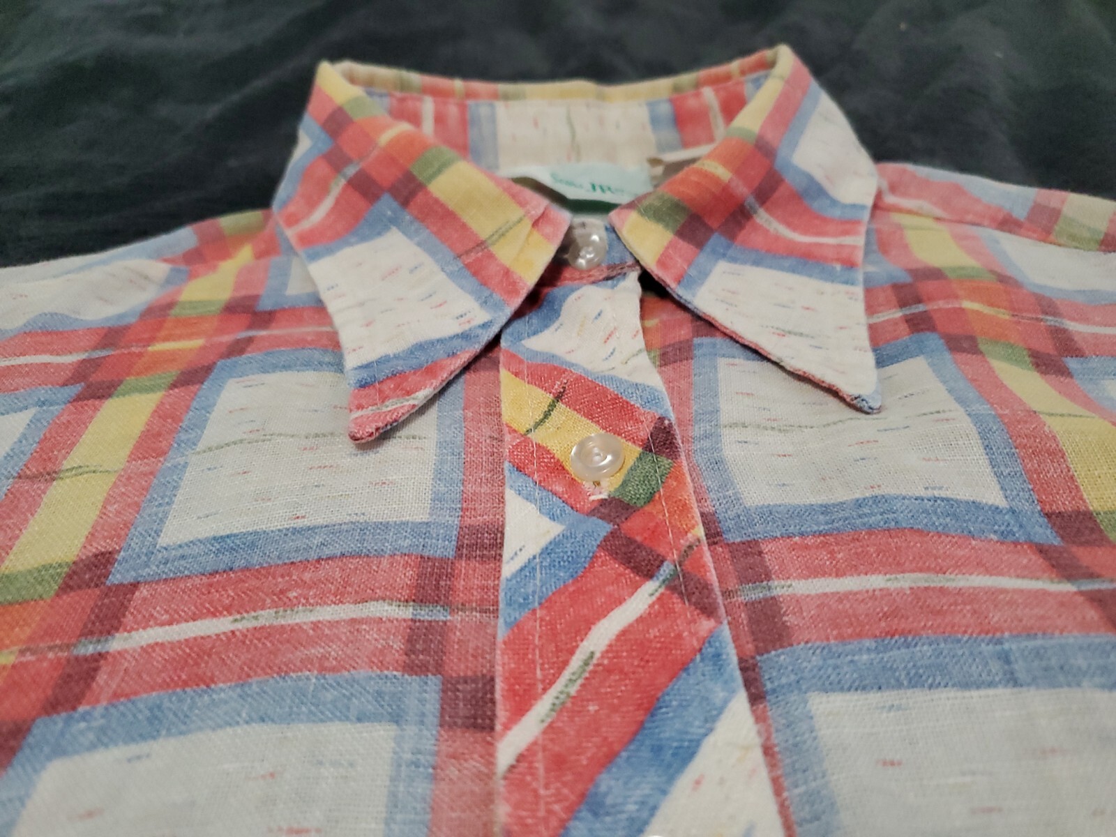 Vintage 70s Sears JR Bazaar Button-Up Cuff Sleeve Check Blouse/Top See Measures