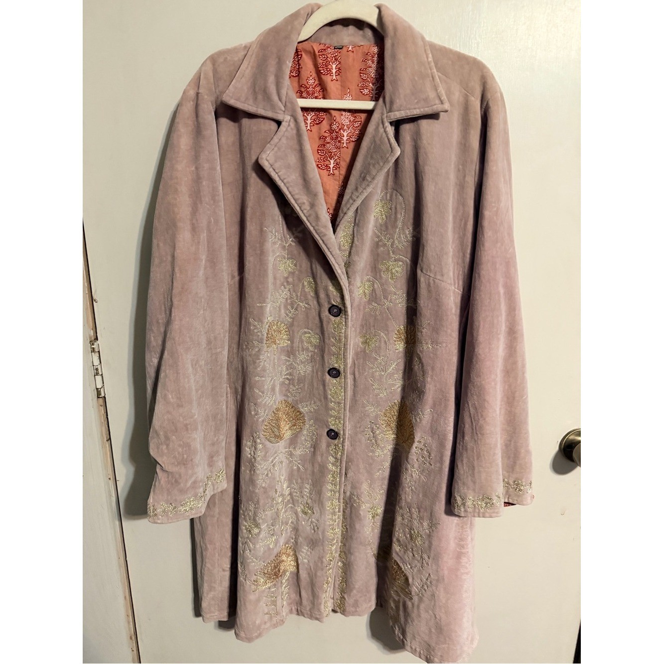 Embroidered Velvet Duster Jacket 2X Dusty Mauve Silver Floral Boho Cottagecore