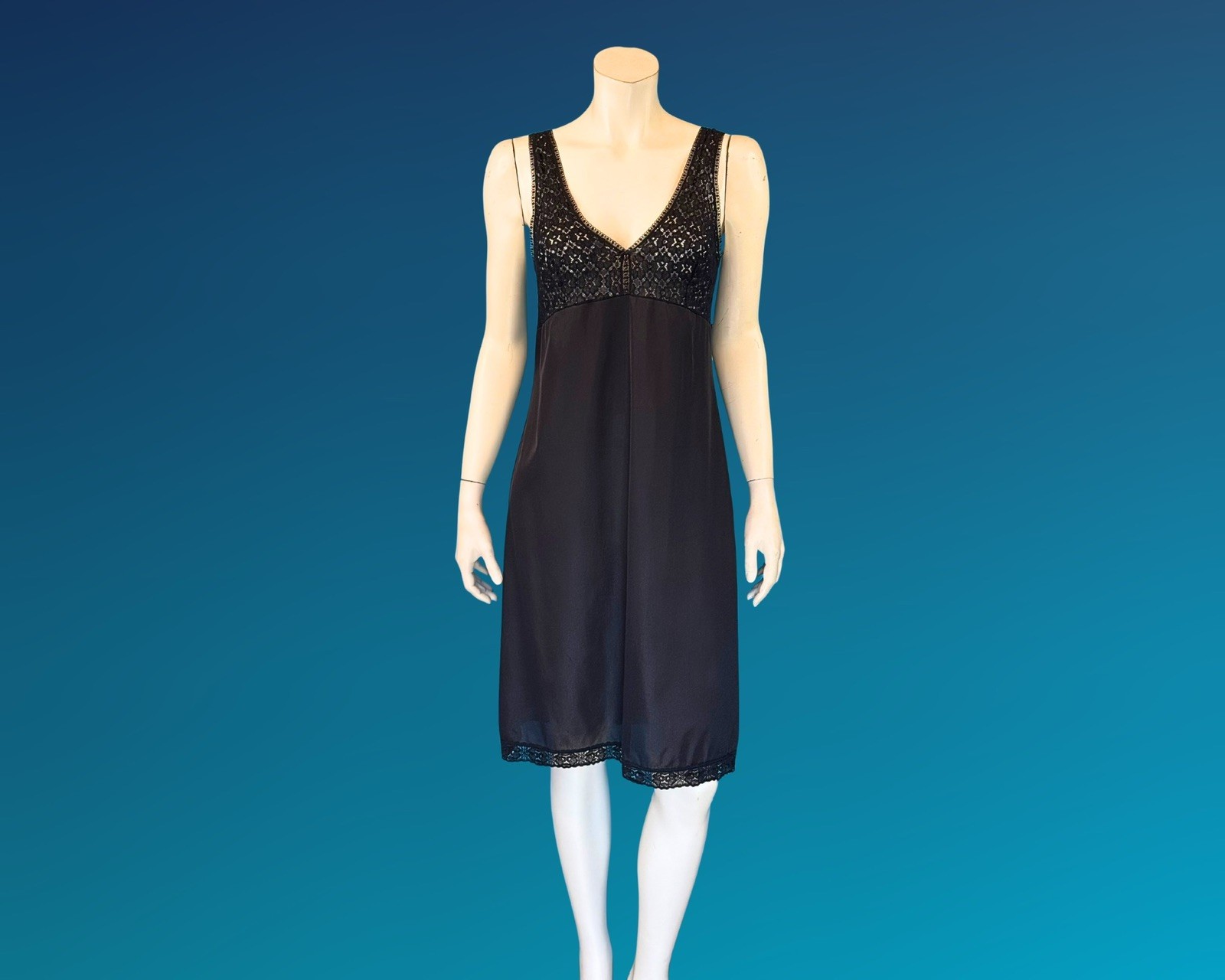 Vintage 60s 70s Black Lace Nylon Full Slip Dress | S M