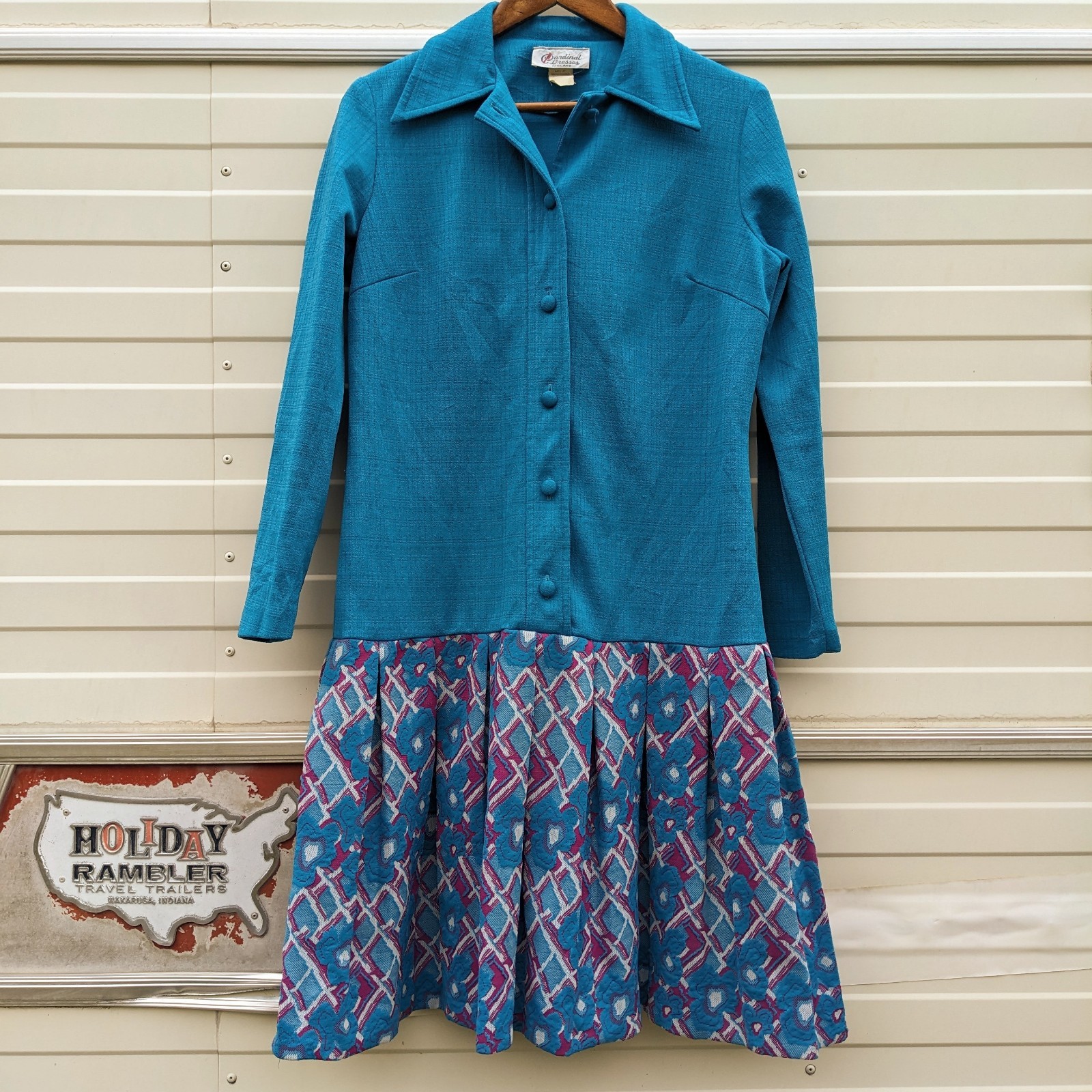 Vintage Mod Scooter Dress Large 60s 70s Blue Pleated Drop Waist Floral Button Up