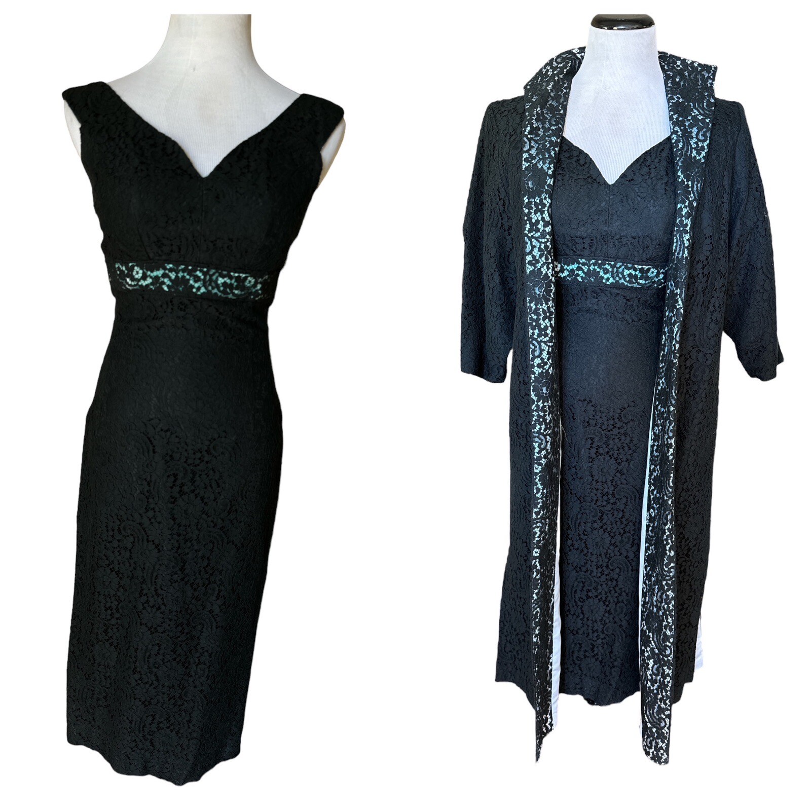 Vtg 50/60’s Two Piece Black Robins Egg Blue Lace Dress Long Coat Sz 4/6 (?) 28”