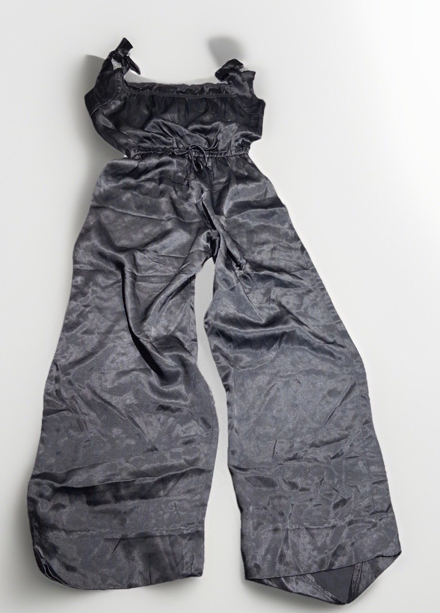 Vintage Byer California Black Nylon Wide Leg Jumpsuit Tie Shoulder Ruffle Small