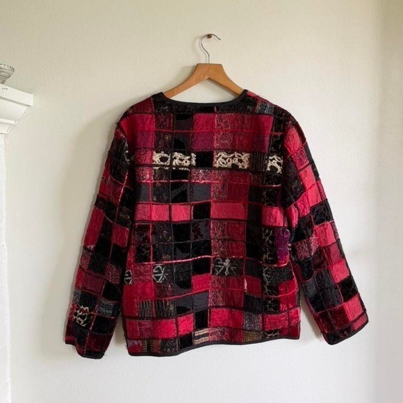 Chico’s Design Red Patchwork Silk Blend Open Front Jacket Boho Vintage Style