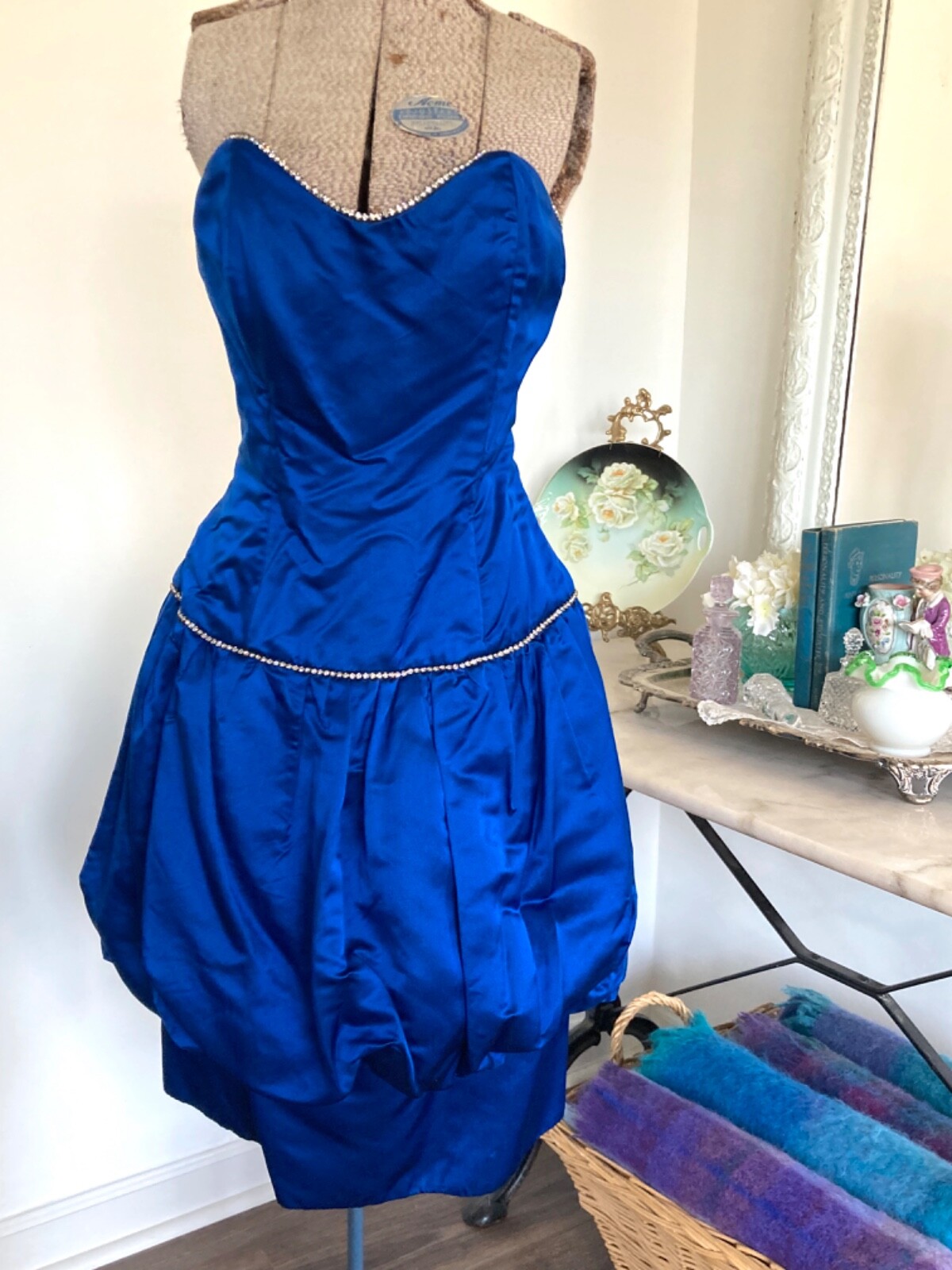 Vintage CACHE Peacock Blue Silk Bubble COCKTAIL Dress Rhinestones Strapless 36