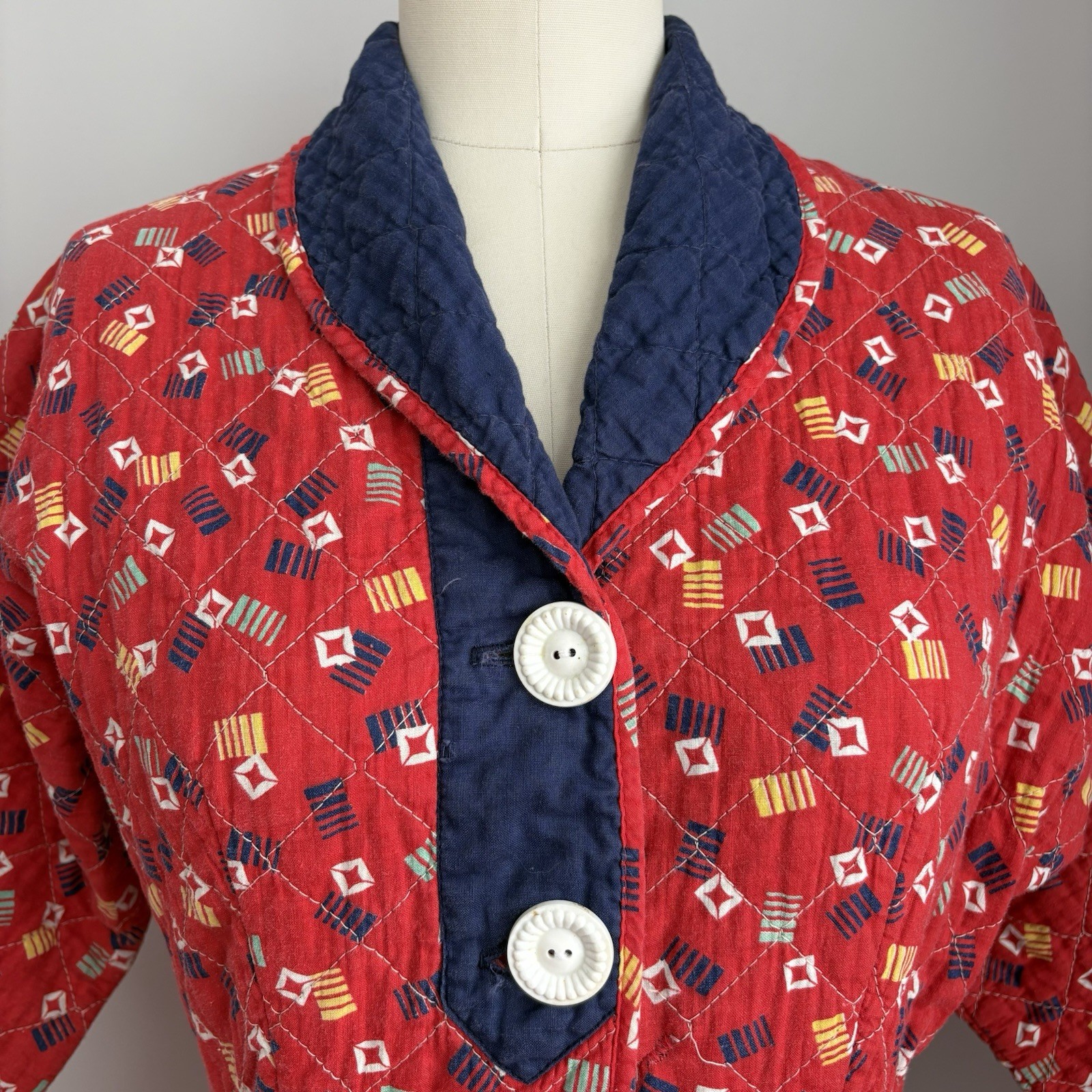 Vintage 40’s 50’s Quilted Cotton Full Circle Skirt Robe Dressing Gown Size XS