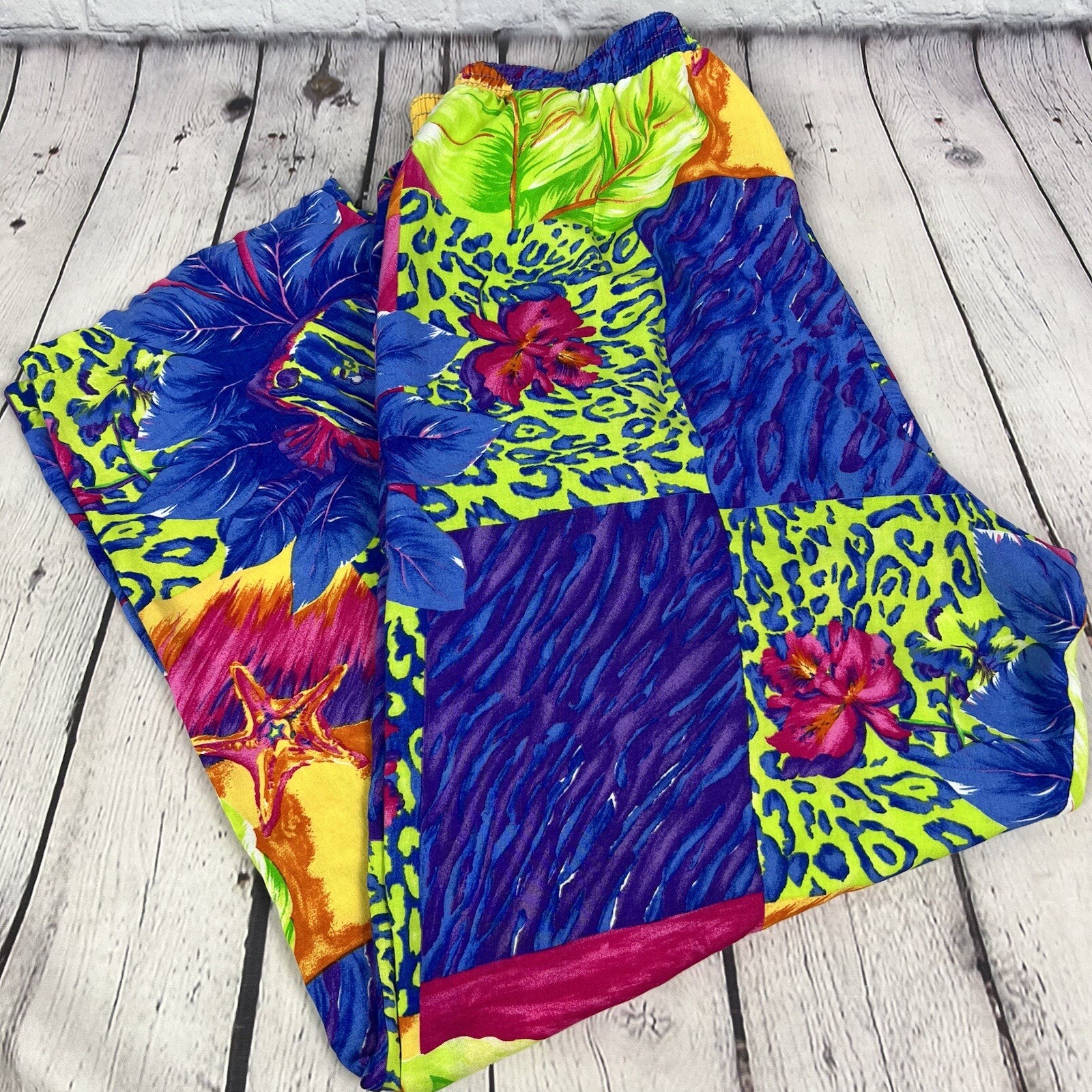 Vintage Sea Suns Neon Bright Floral Tropical Leopard Beach Pants & Top Set XL