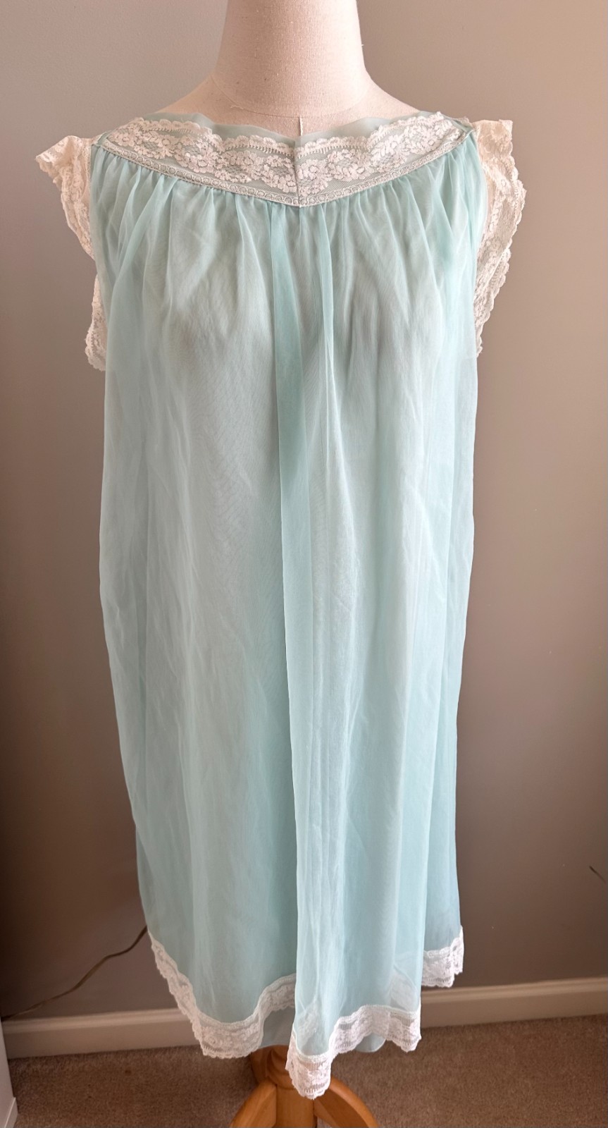 Vintage Lisette Blue Nylon Lace Nightgown Sheer Babydoll Slip Medium