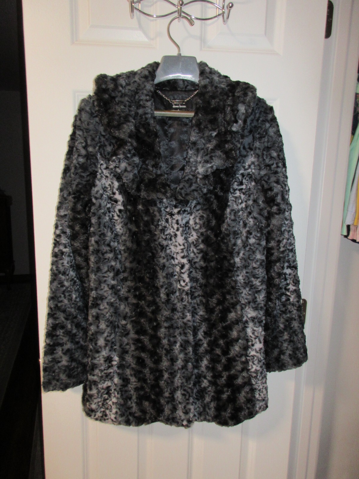 Vintage Y2K Dennis Basso Curly Lamb Gray Black Coat Faux Fur Small Medium