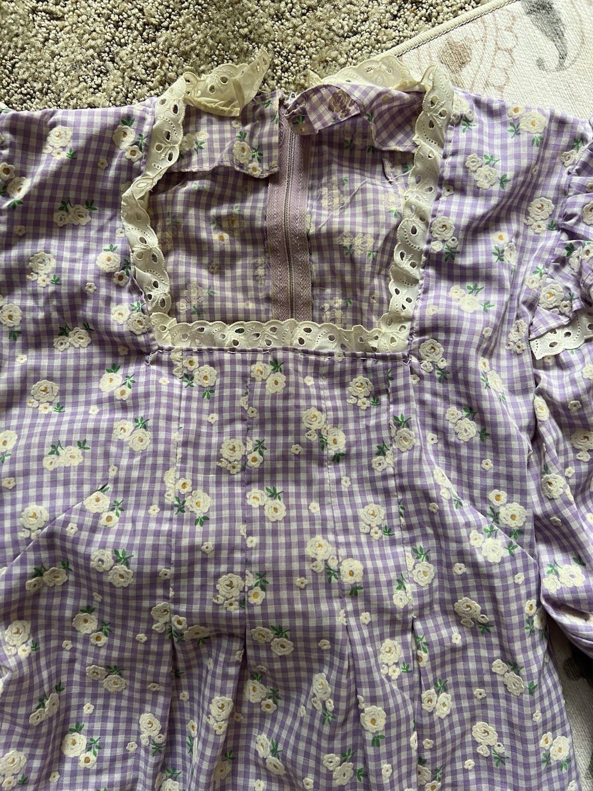 Vintage 1970s Lilac White Gingham Floral Cotton Tieback Dress M/L Homemade
