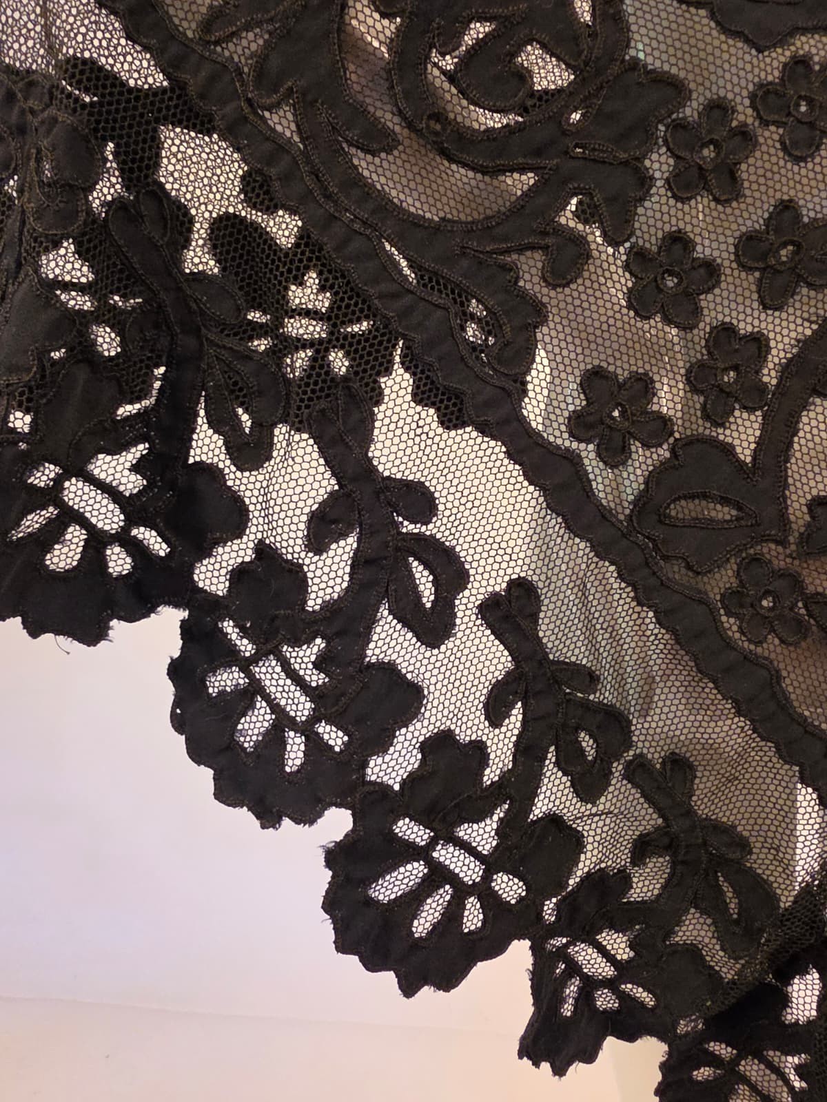 VICTORIAN 19TH C BLACK CUTWORK TRIANGULAR CAPE W FLORAL EDGE FOR DRESS
