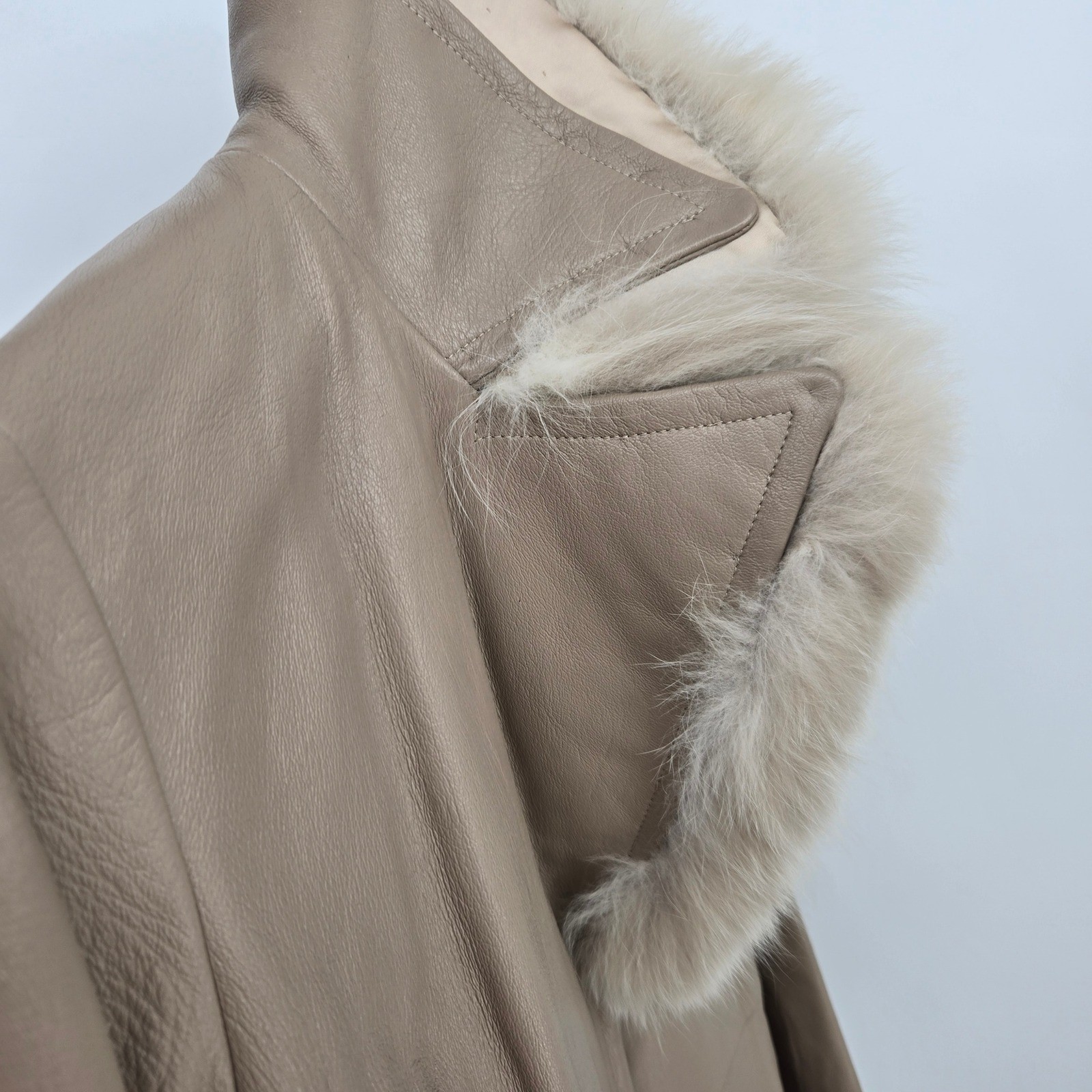 Vintage Women’s 10 Real Leather Swing Coat Genuine Fox Fur Collar Tan Cream