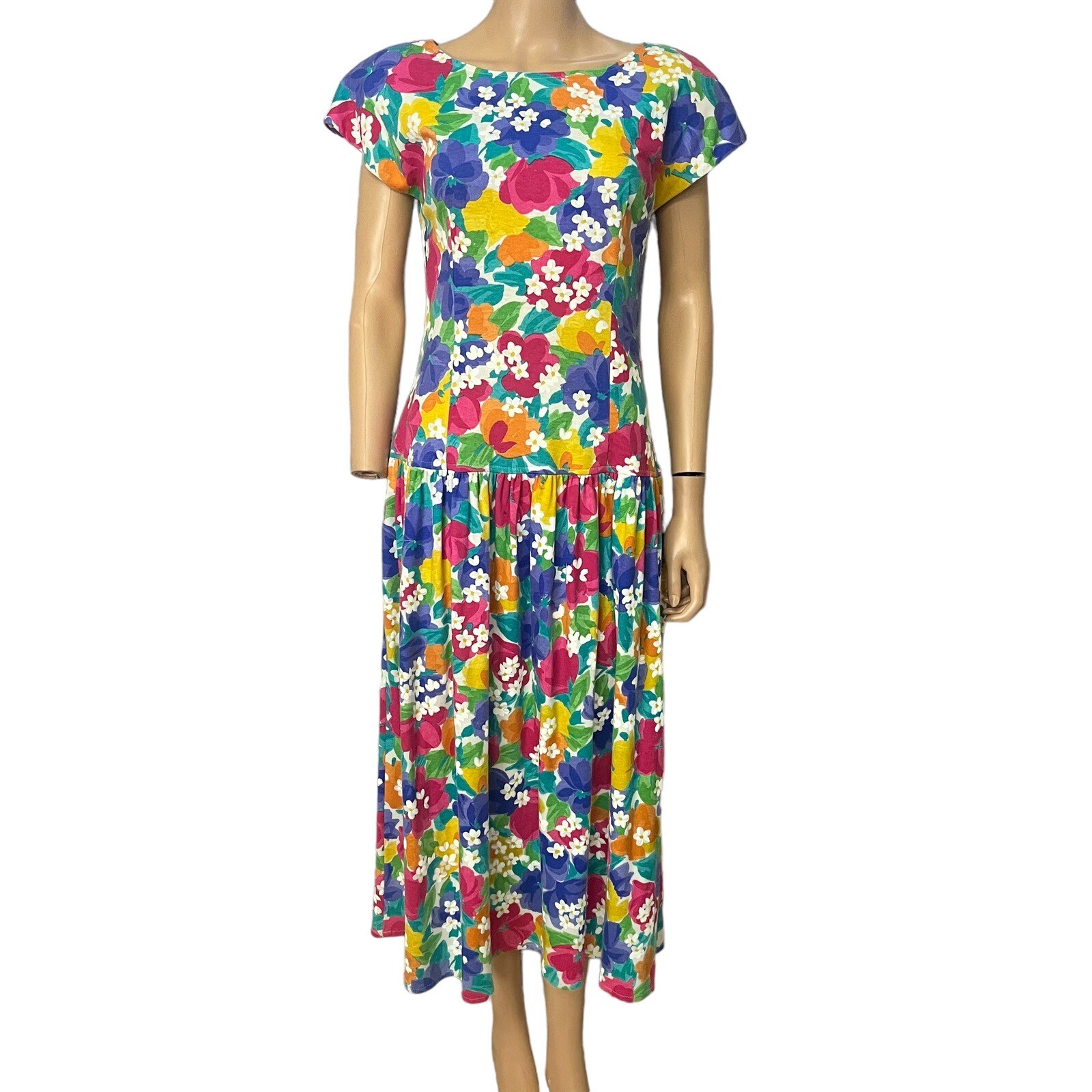 80s VTG Jessica Howard Floral Midi Dress Large Drop Waist Colorful Spring Easter