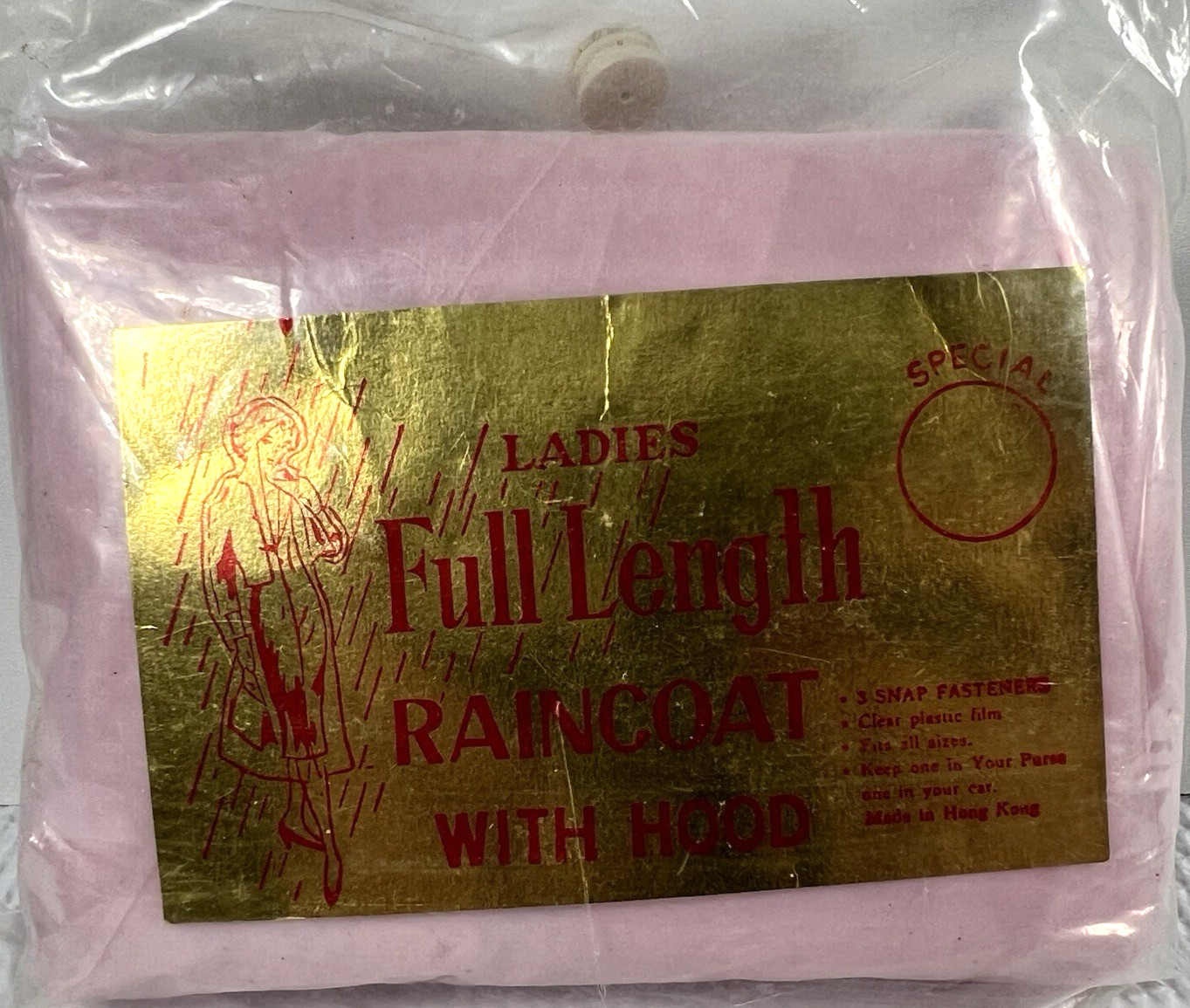 VTG Ladies Pink Clear Full Length Purse Pocket Raincoat Hood Snaps Hong Kong NEW