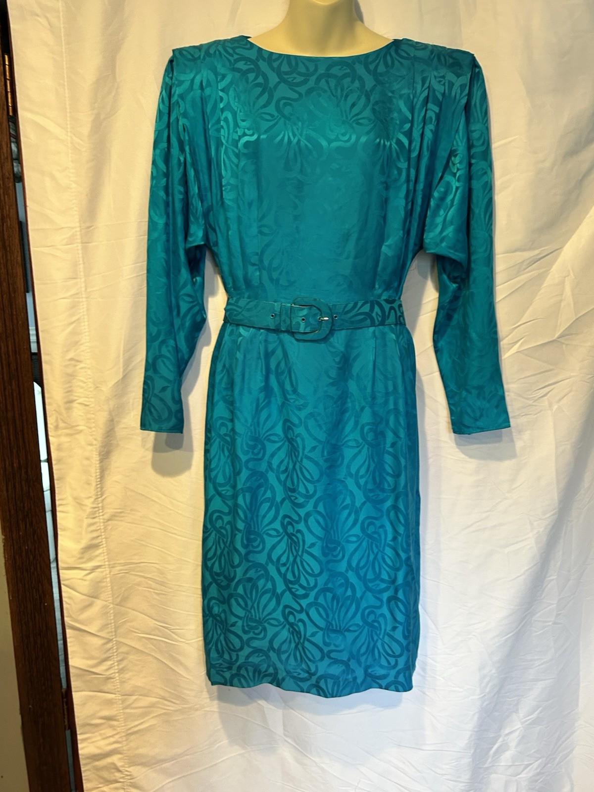 Vintage 1990’s Women’s Argenti 100% Silk Teal Jacquard Midi Dress Sz 8