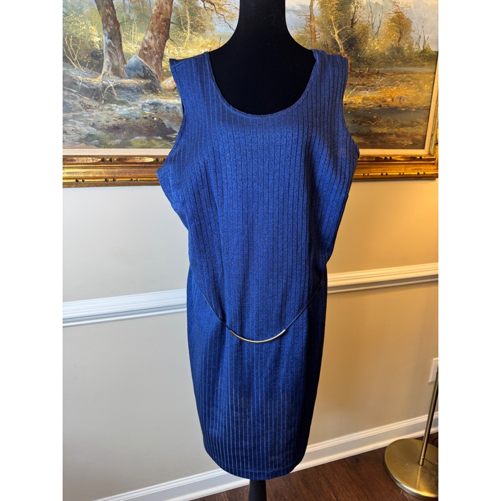 Pride & Joy Vintage Blue Metallic Ribbed Knit Dress and Cardigan Set Size 18W