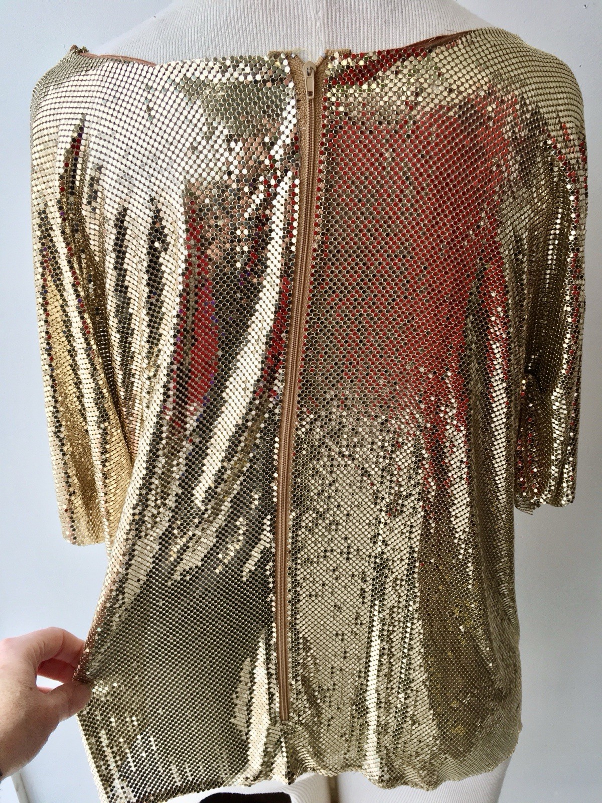 Vtg Whiting Davis Liquid Gold Metal Mesh Chain Mail Draped Front Top 70s Disco M