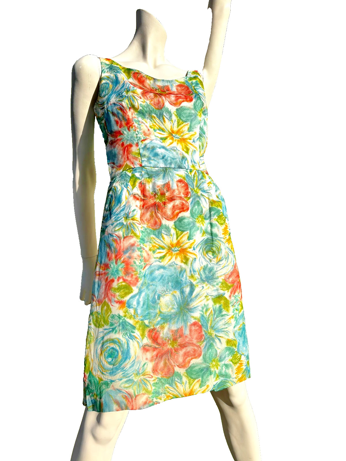 1950/60’s Sleeveless Boat Neck Floral Sun Dress Zip Up Back Big Bright Flowers