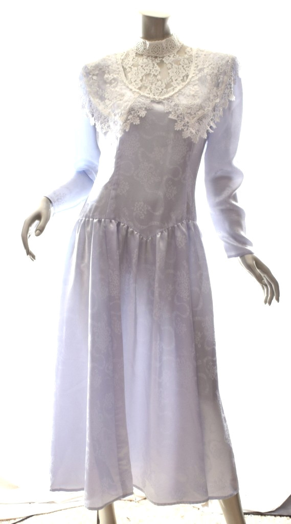 Vintage Jessica McClintock Midi dropped waist Pale Blue dress high Lace Neck 8