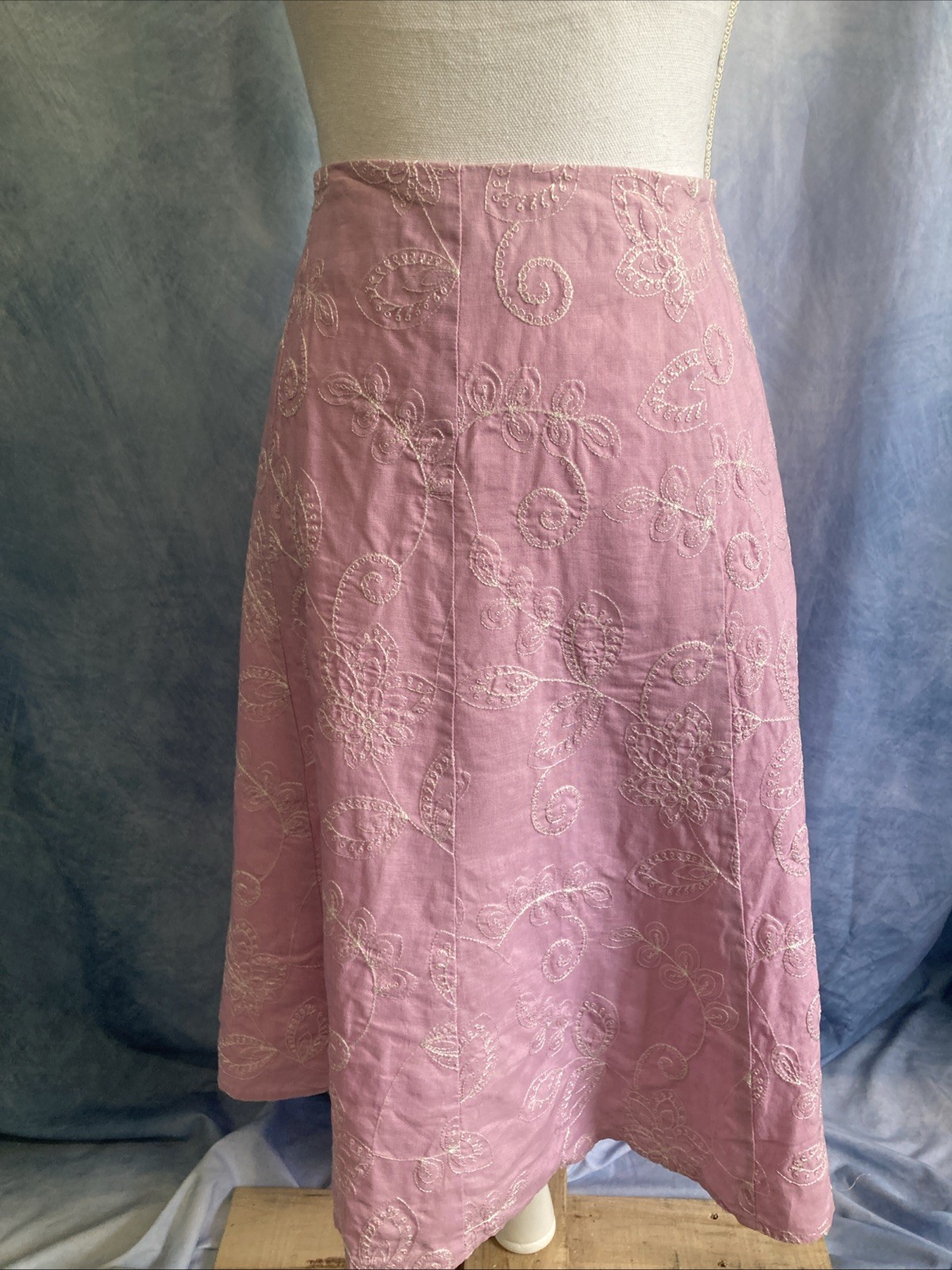 VTG 80s 90s David Brooks Linen Skirt 12 Pink Lavender Mauve Embroidered Floral