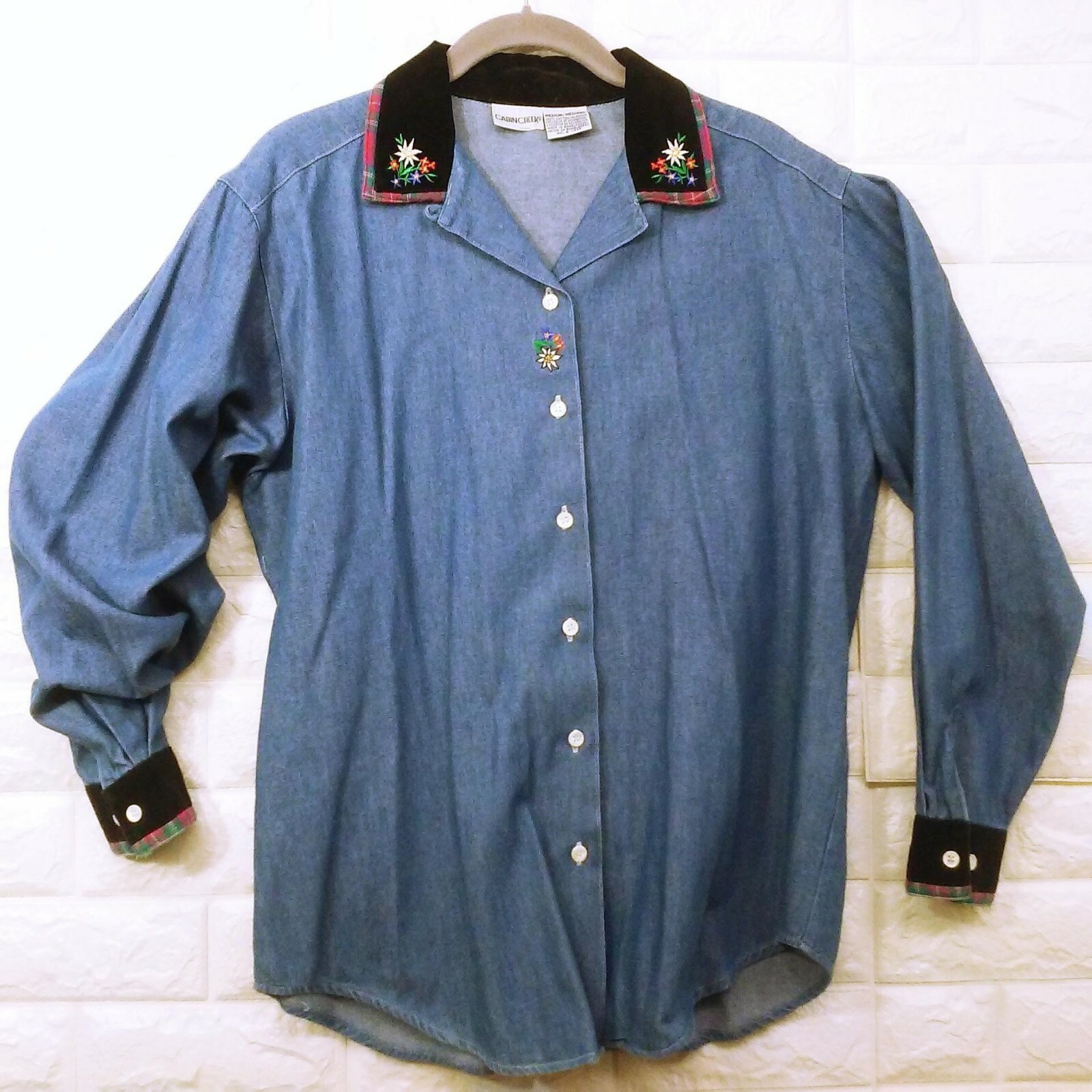 Vintage 90s Cabin Creek Denim Blouse Sz-M Floral Embroidery Velvet Plaid Trim