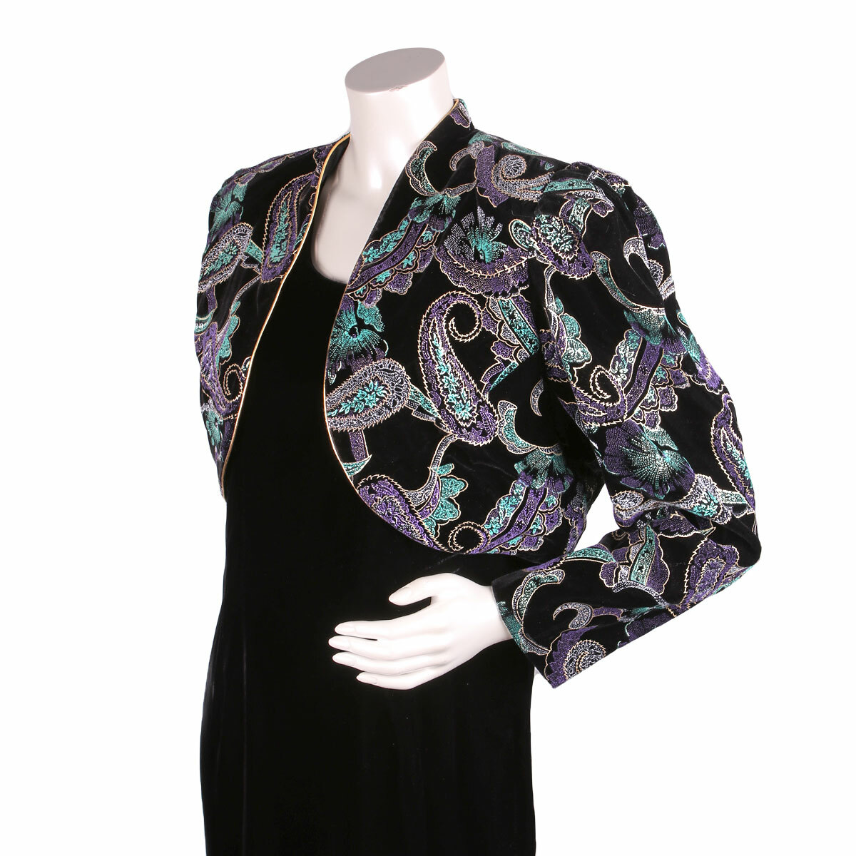 Vintage Nu-Mode Velvet Dress & Bolero Jacket Evening Party ’80s Black Teal Gold