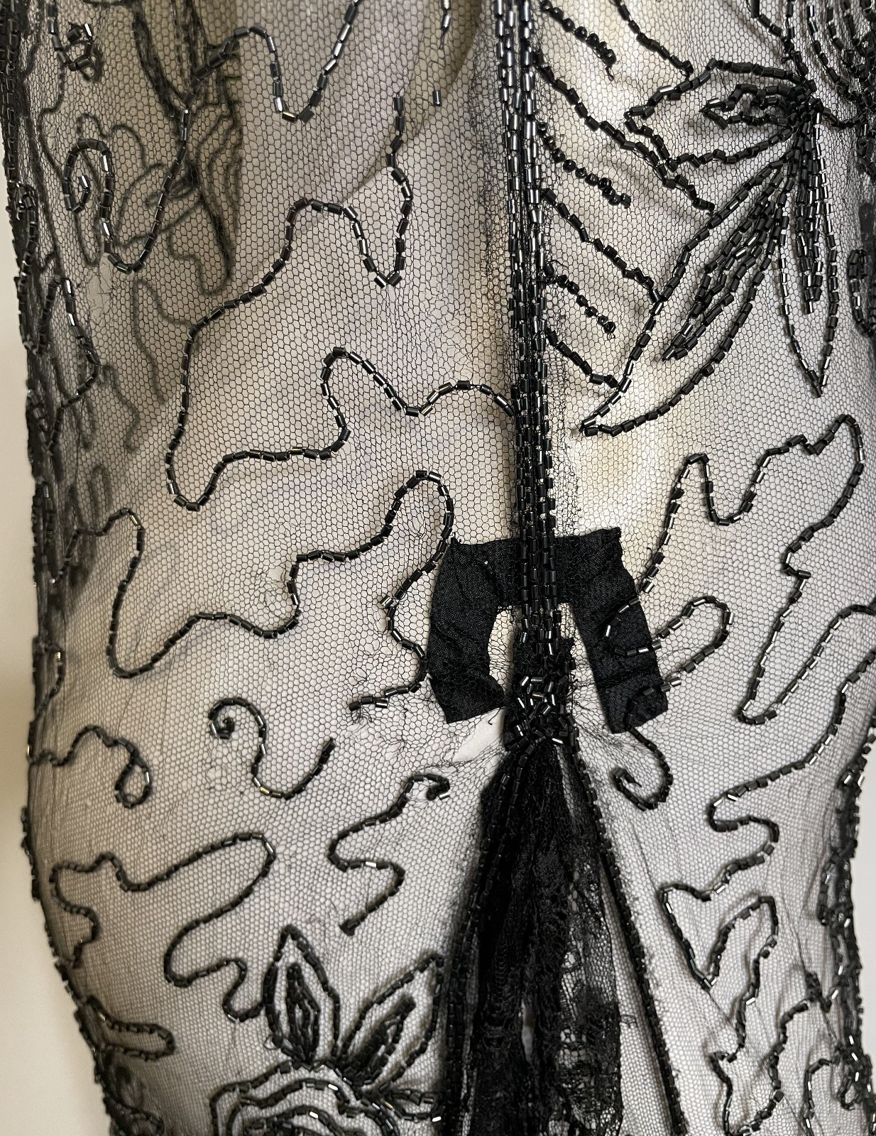 Antique 30s Art Deco Black Lace Sheer Beaded Dress S XS Floral Holes