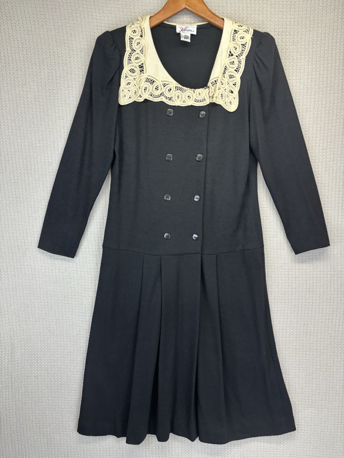 60’s The Kollection By Saks Fifth Avenue 100% Black Wool Pleated Dress Med Lace