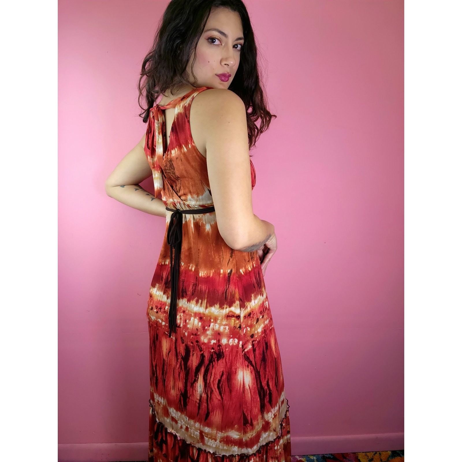 Vintage Y2K Fire Tie Dye Red Rust Brown Tortoise Shell Bead Maxi Dress by BCX