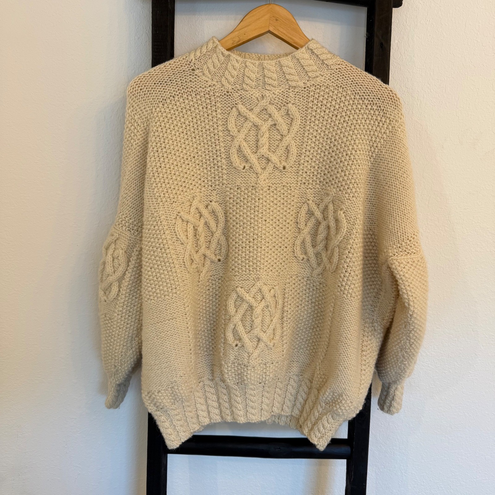 Vintage Sheleen of Dublin Handknit Wool Sweater Cream Celtic Knot Womens