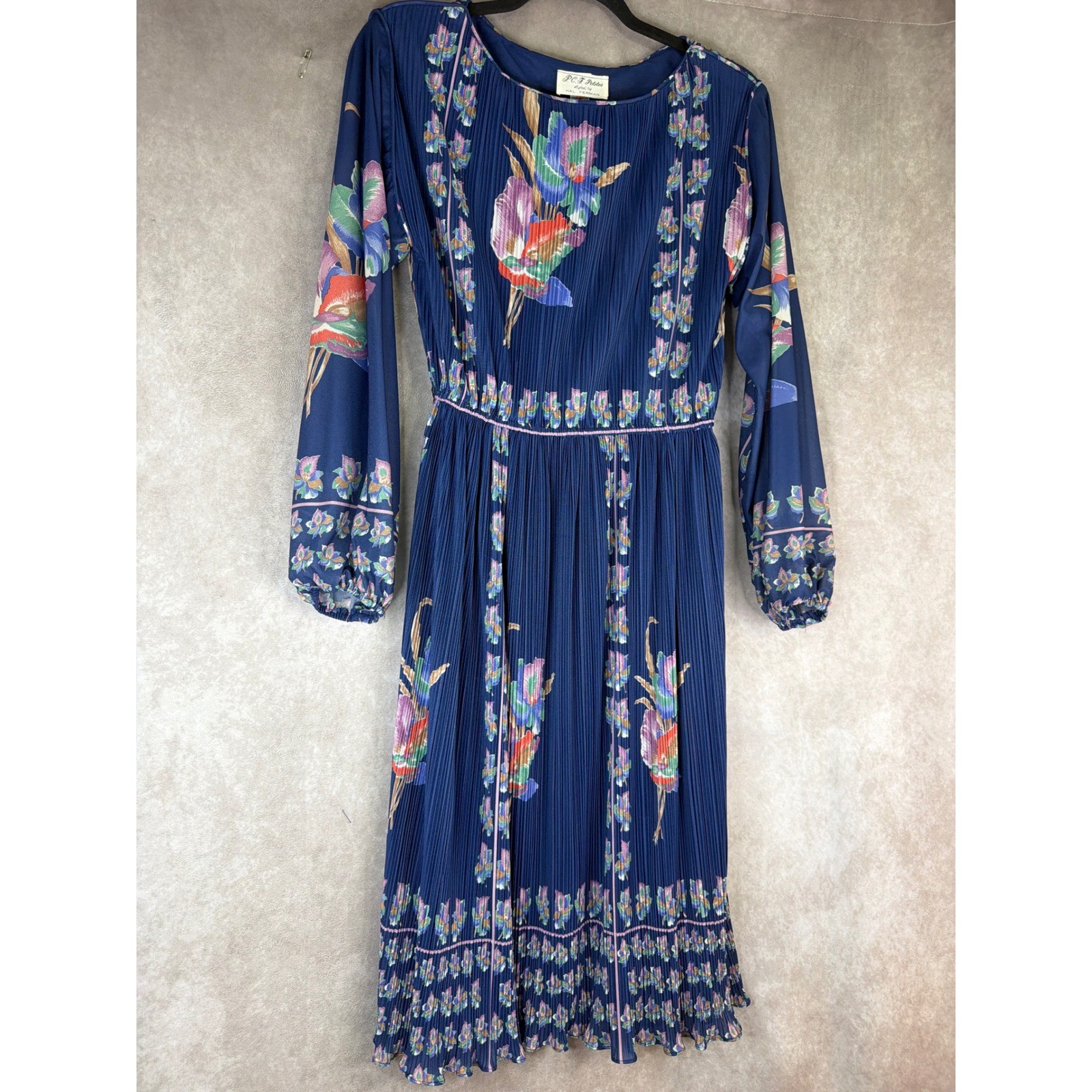 VTG 70s P.C.F. Petites by Hal Reman Dress 12 Navy Blue Floral Pleated Sheer USA