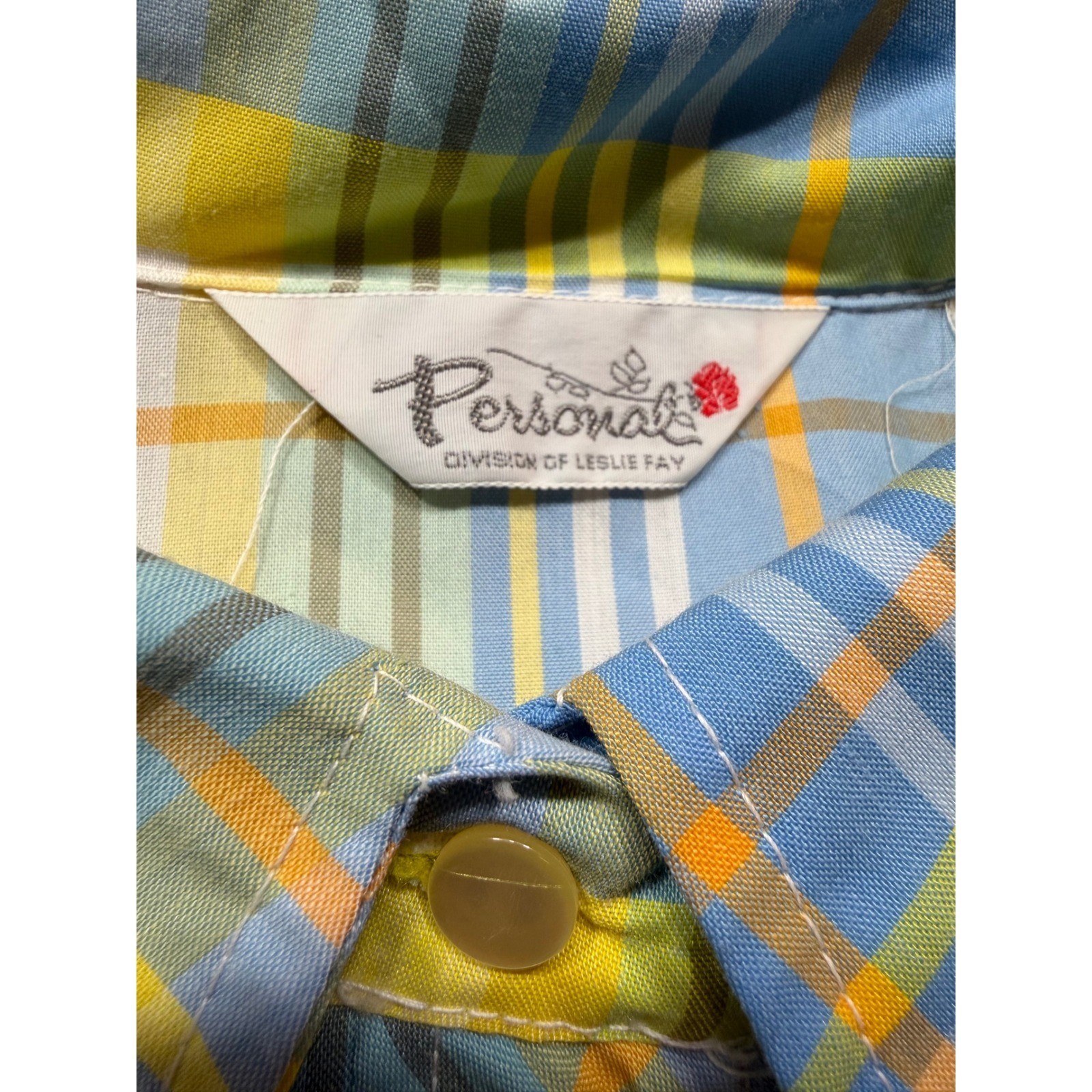 Vintage 70s Plaid Dagger Collar Button Down Blouse Blue Yellow Orange Size 14