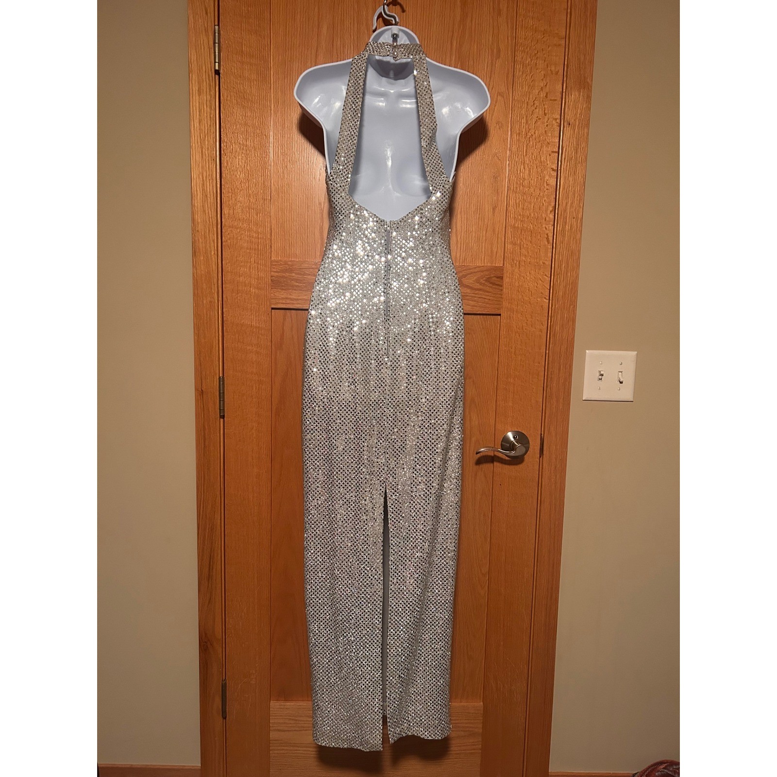 NEW Vintage 90s Roberta Silver Sequin Halter Maxi Dress Mock Neck Open Back XS
